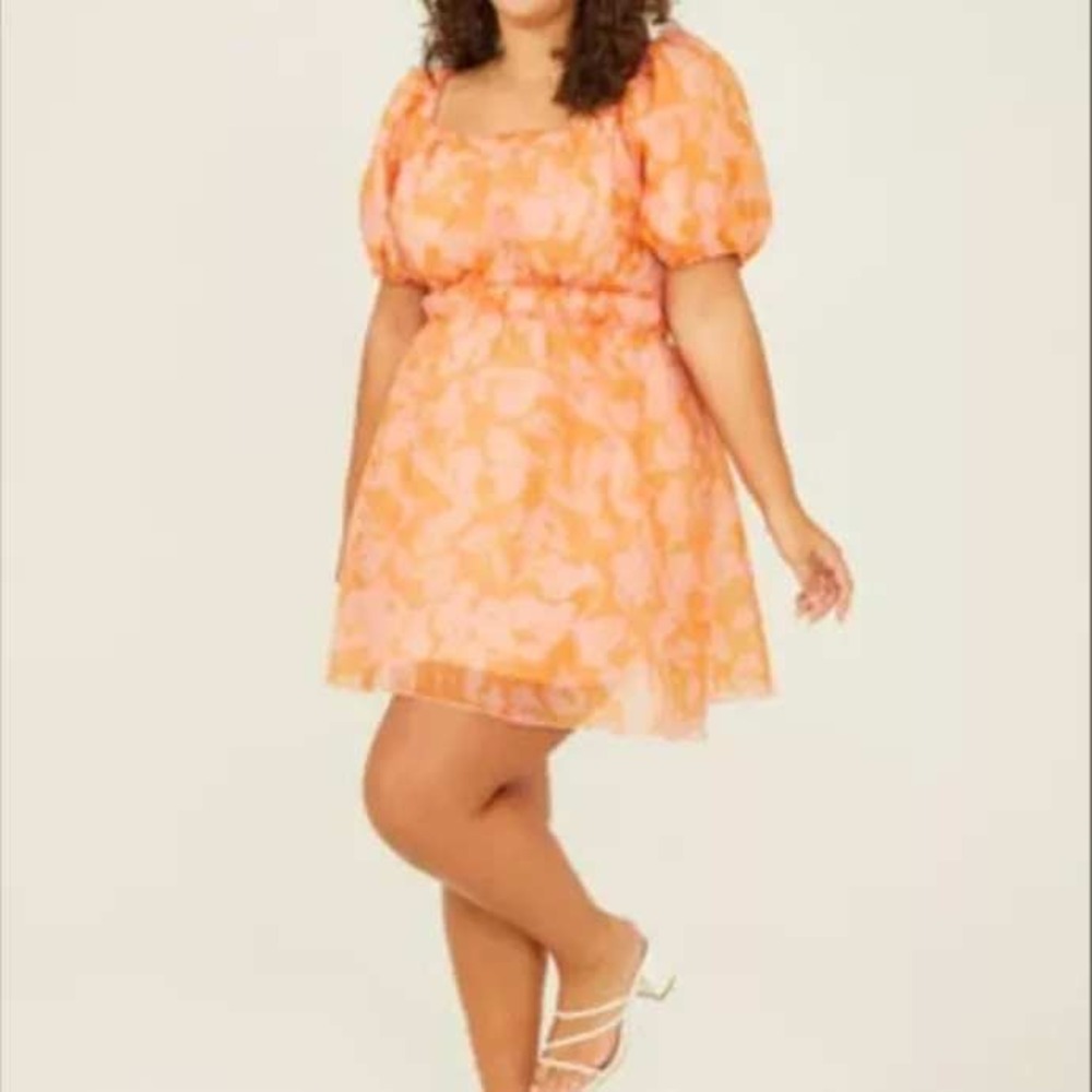 Arula women's dress size XL Sonya orange organza floral mini puff sleeve summer